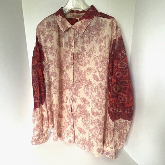 Free People Rose Bud Paisley Cotton Oversized Boho Blouse Red Cream Lightweight - Picture 13 of 14